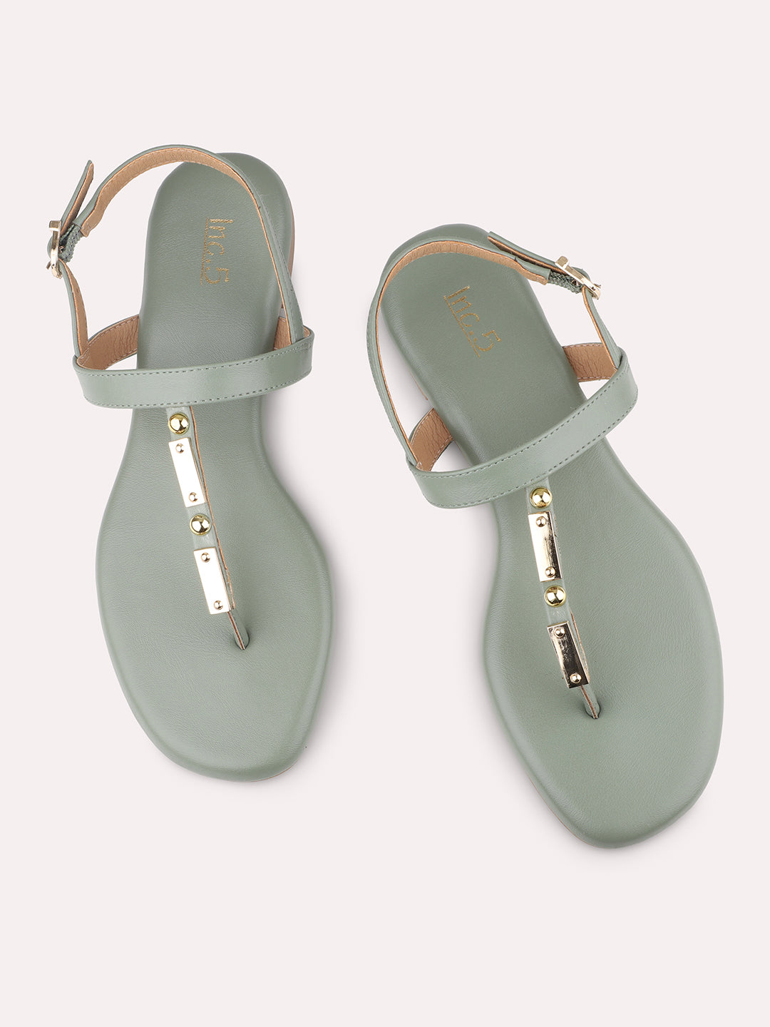 Women Green T-Strap Flats With Backstrap