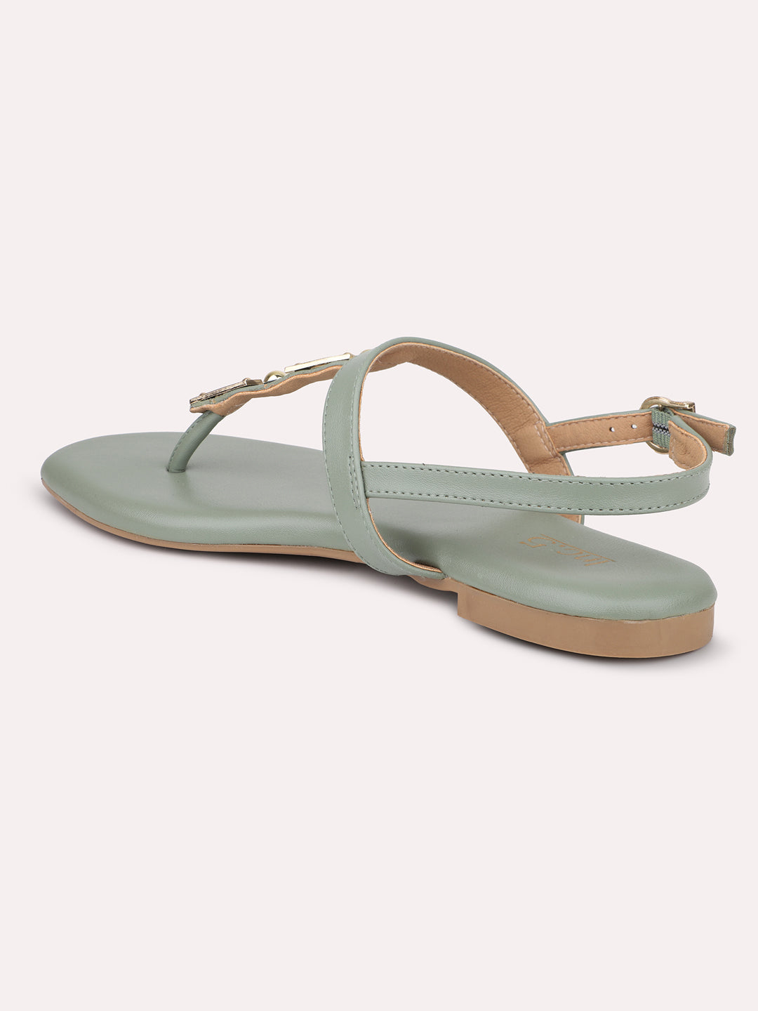 Women Green T-Strap Flats With Backstrap