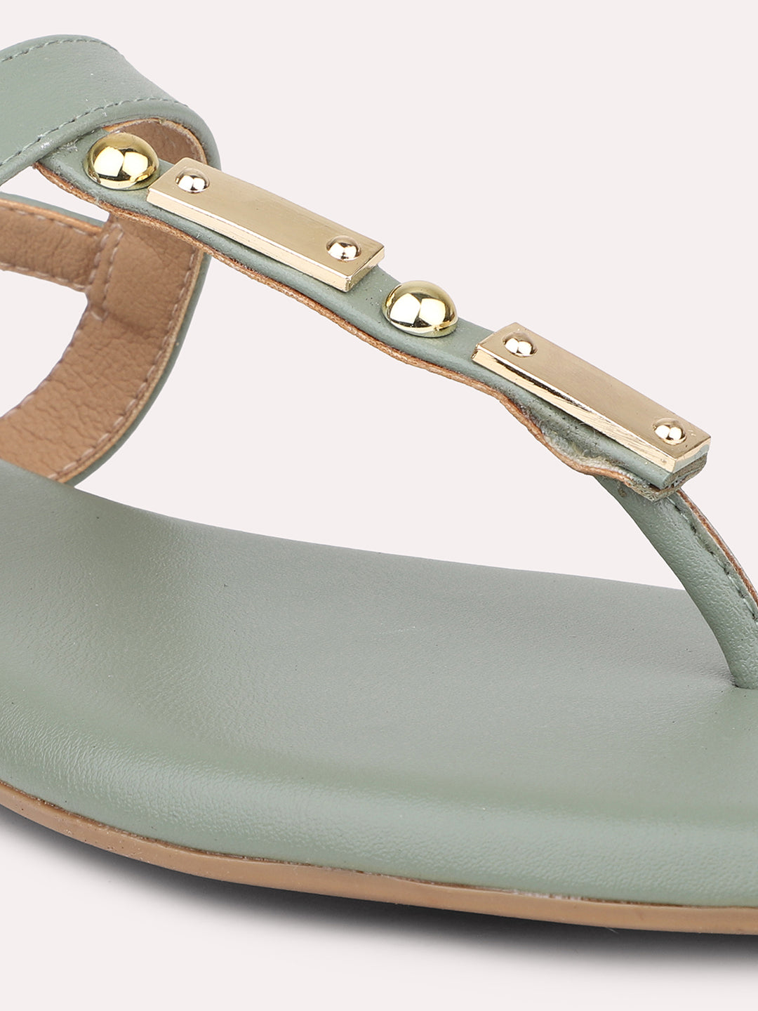 Women Green T-Strap Flats With Backstrap