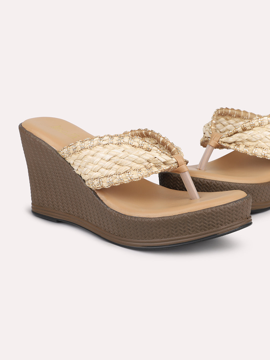 Buy Now Women Beige Textured Embellished Wedge Sandals