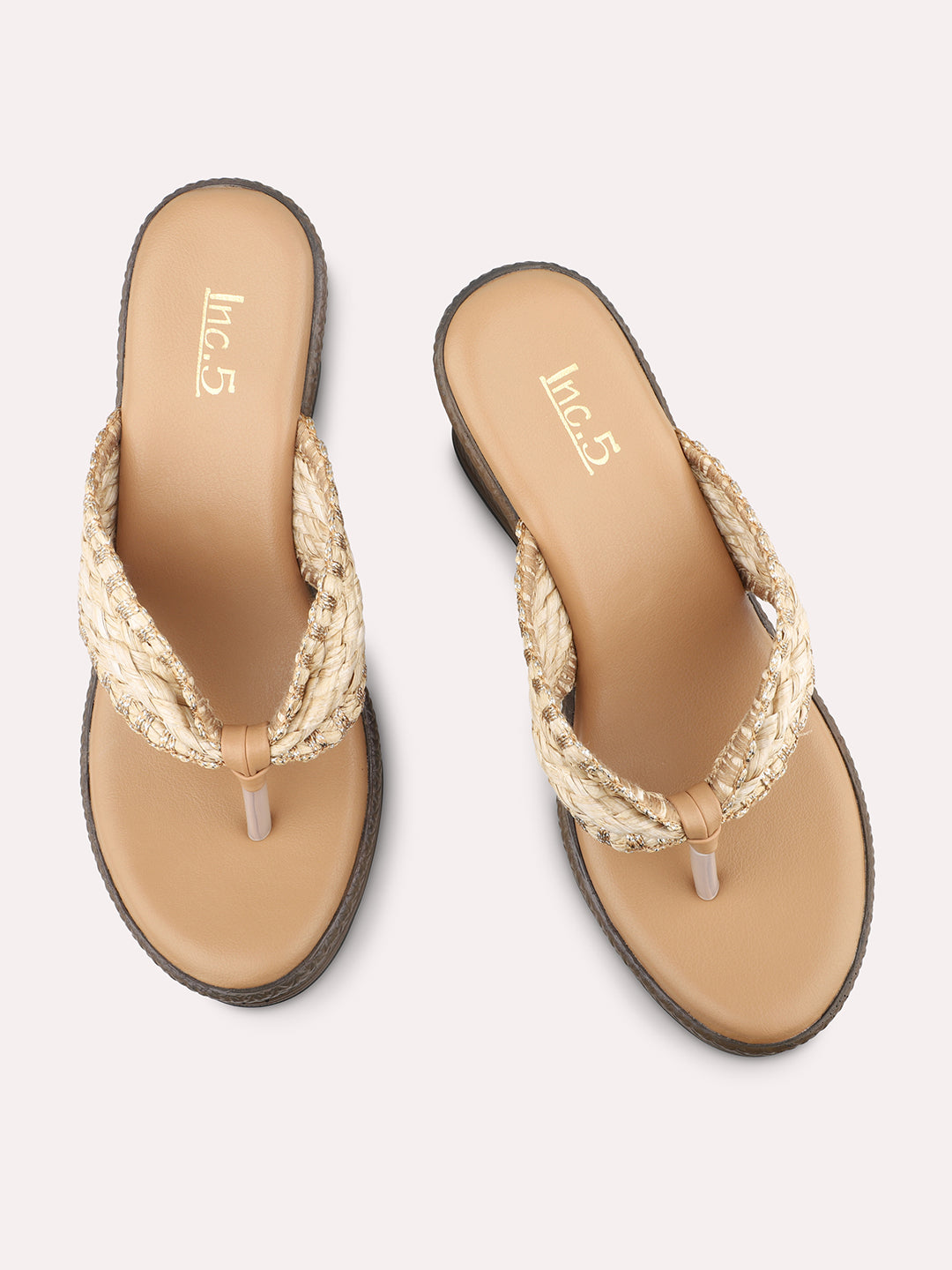 Women Beige Textured Embellished Wedge Sandals