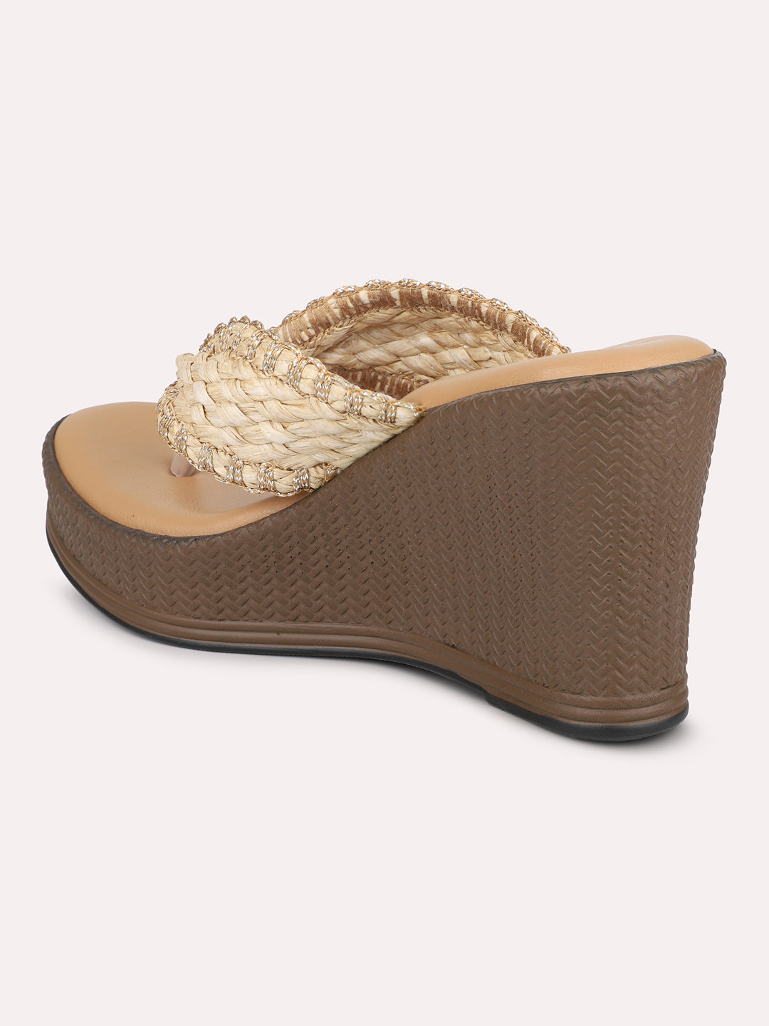 Women Beige Textured Embellished Wedge Sandals