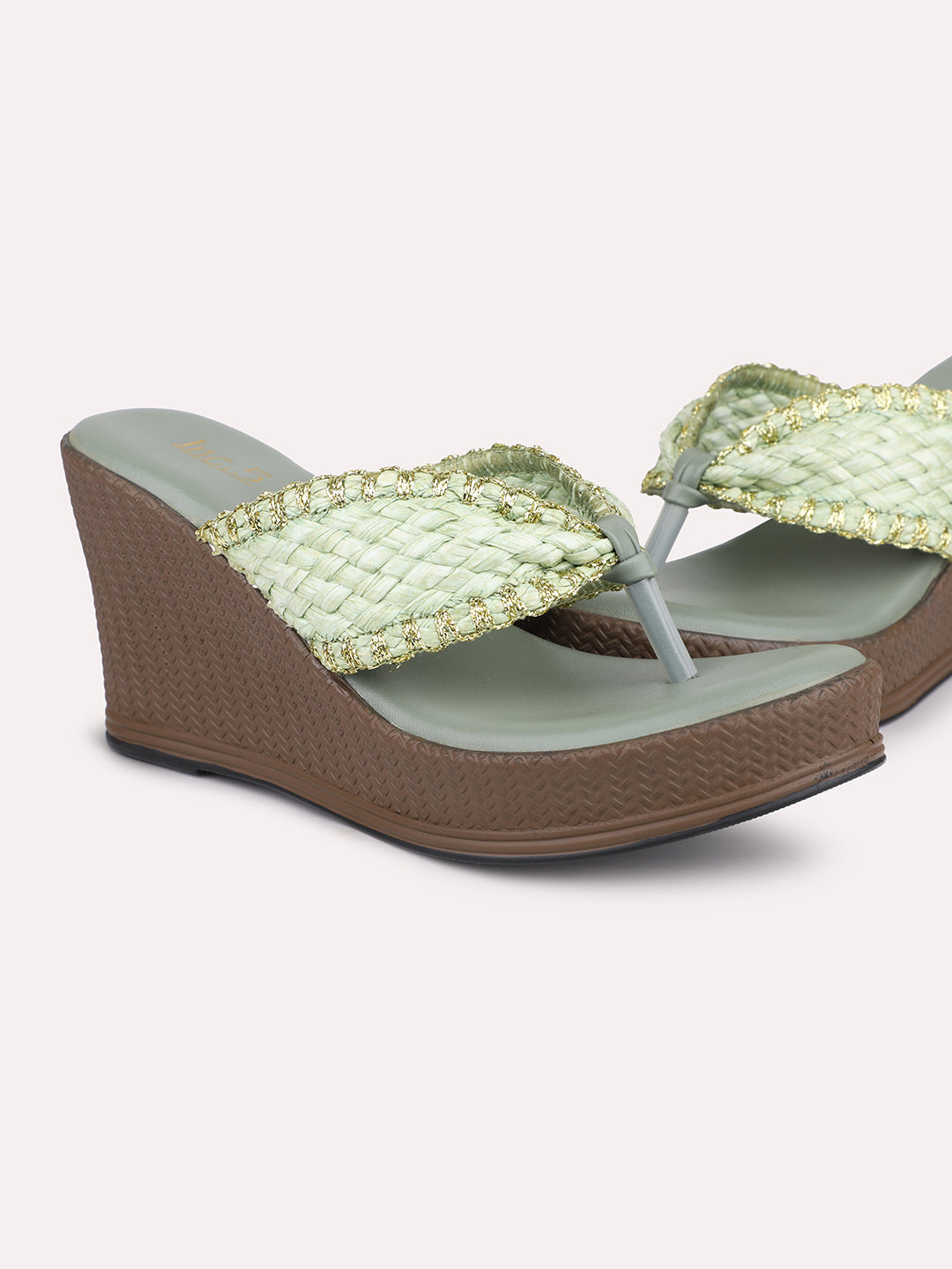 Women Green Textured Embellished Wedge Sandals