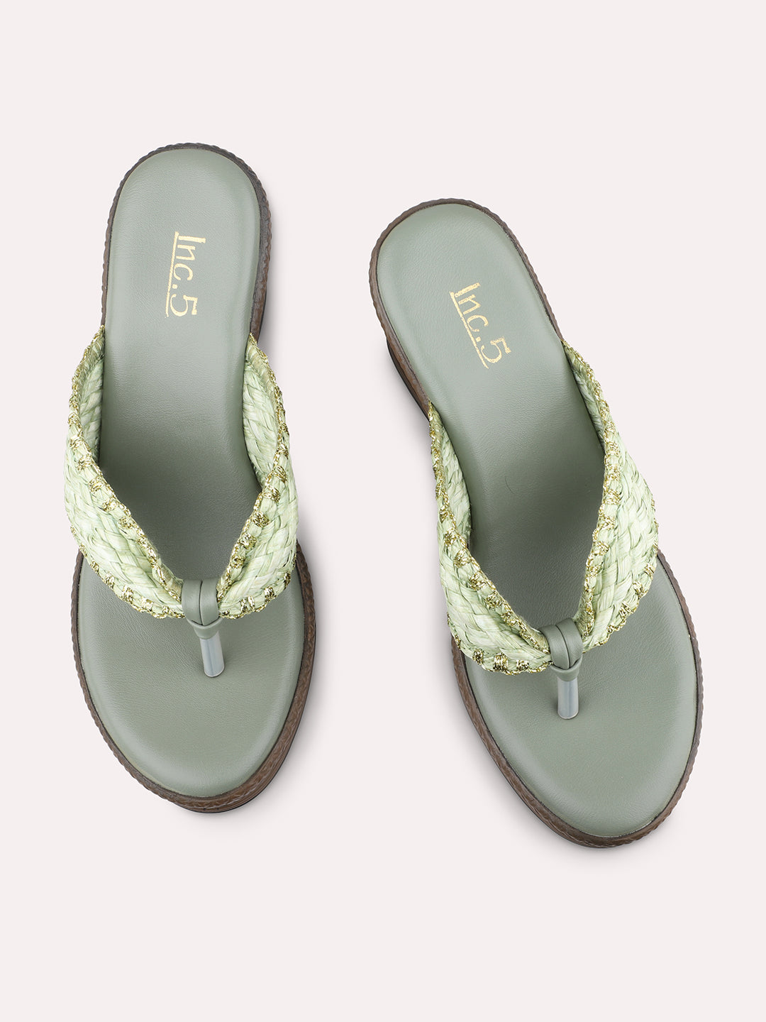 Women Green Textured Embellished Wedge Sandals