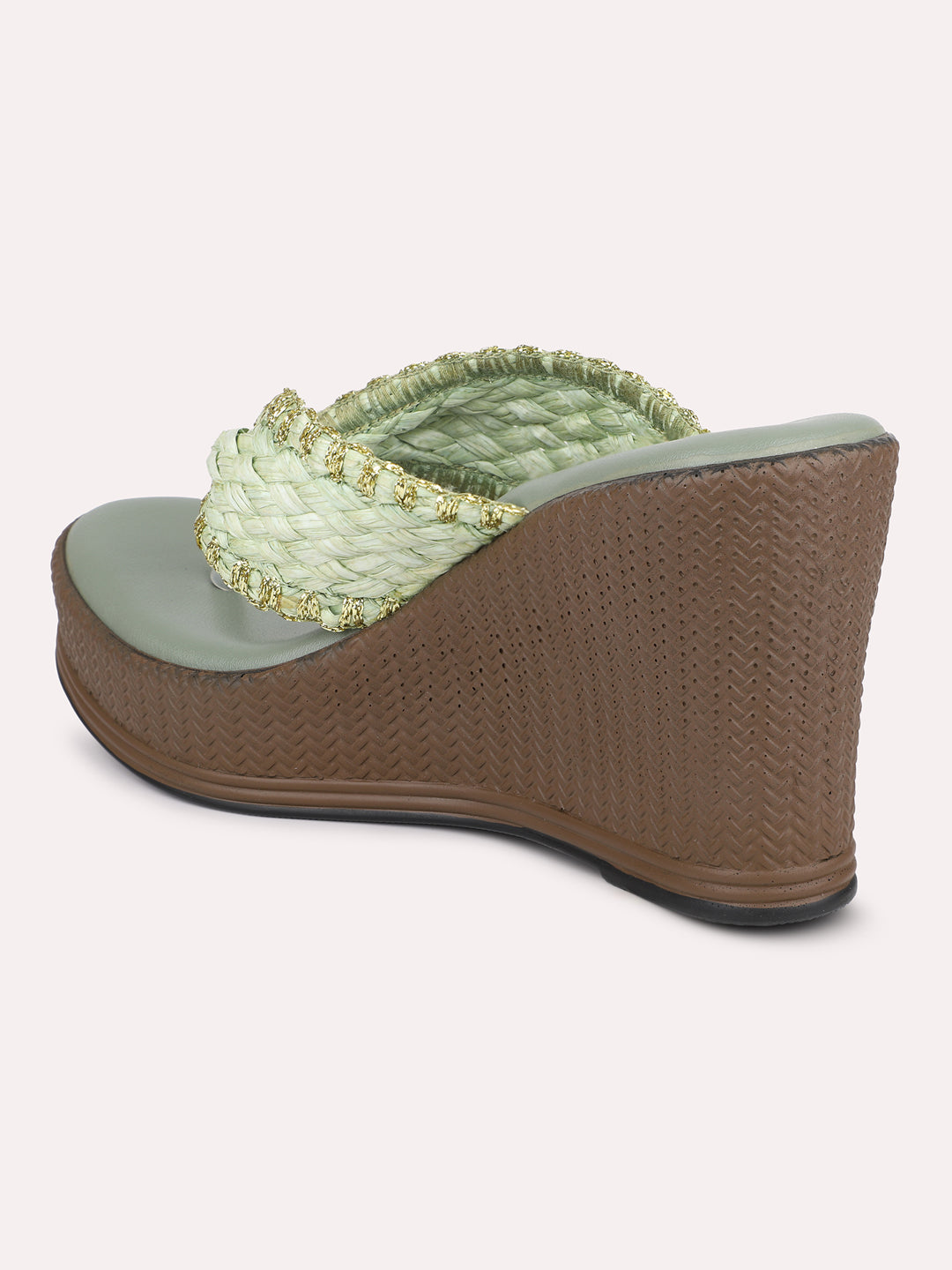 Women Green Textured Embellished Wedge Sandals