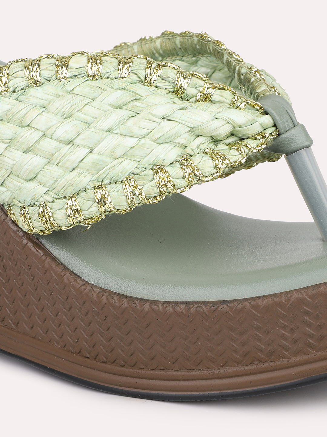 Women Green Textured Embellished Wedge Sandals