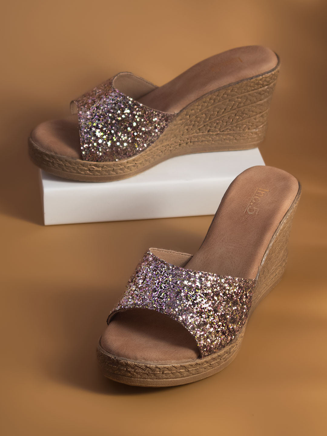 Women Rose Gold Embellished Party Wedge Heels