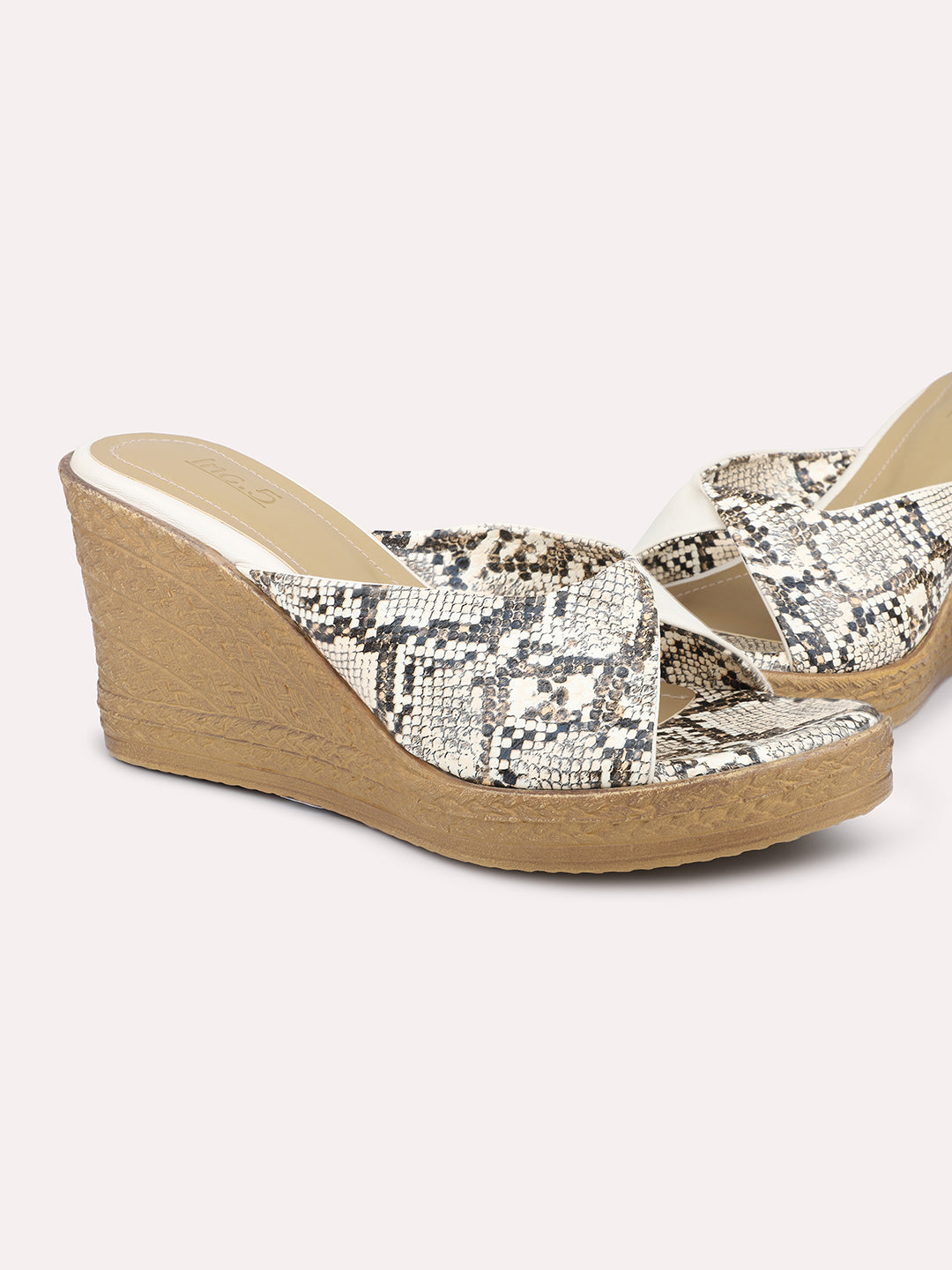 Women Beige Embellished Printed Wedges