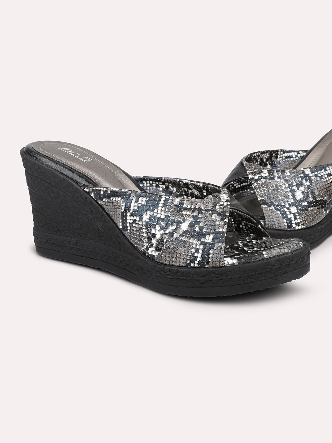 Women Black Embellished Printed Wedges