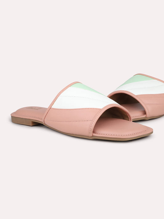 Women Peach-Colourblocked Textured Open Toe Flats