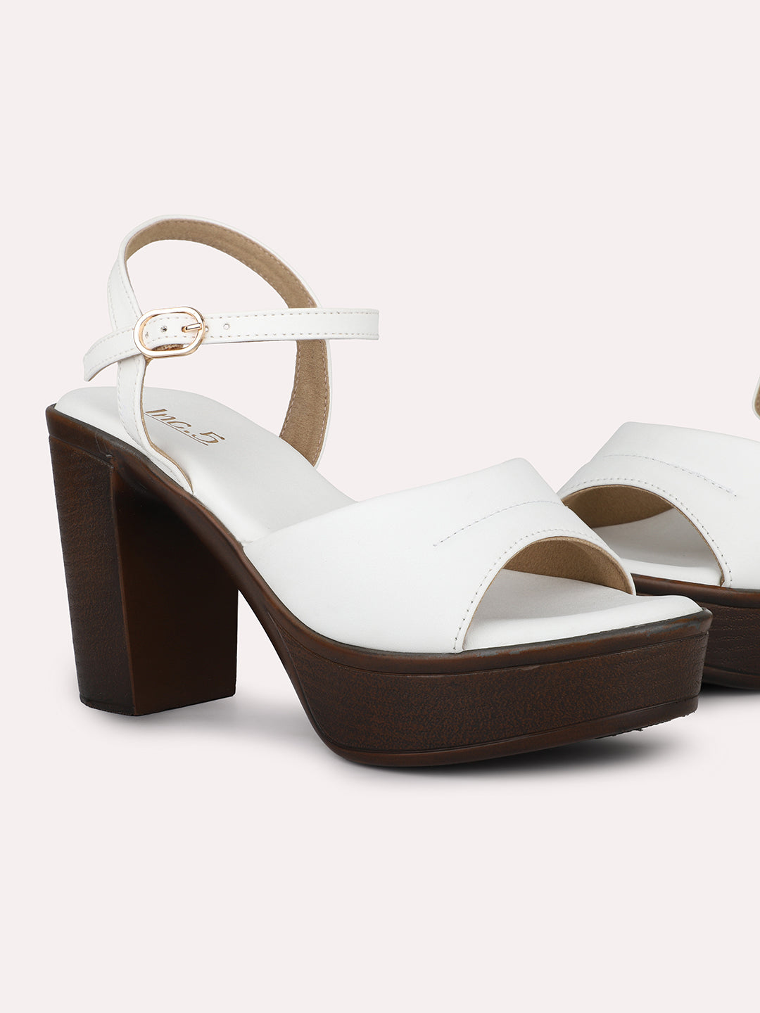 Women White Open Toe Platform Heels With Backstrap