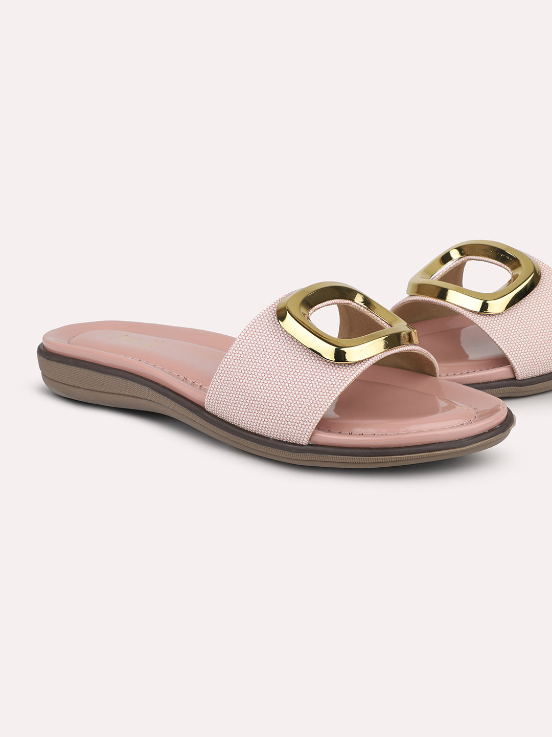 Women Peach Perforated Open Toe Flats with Buckle Detail