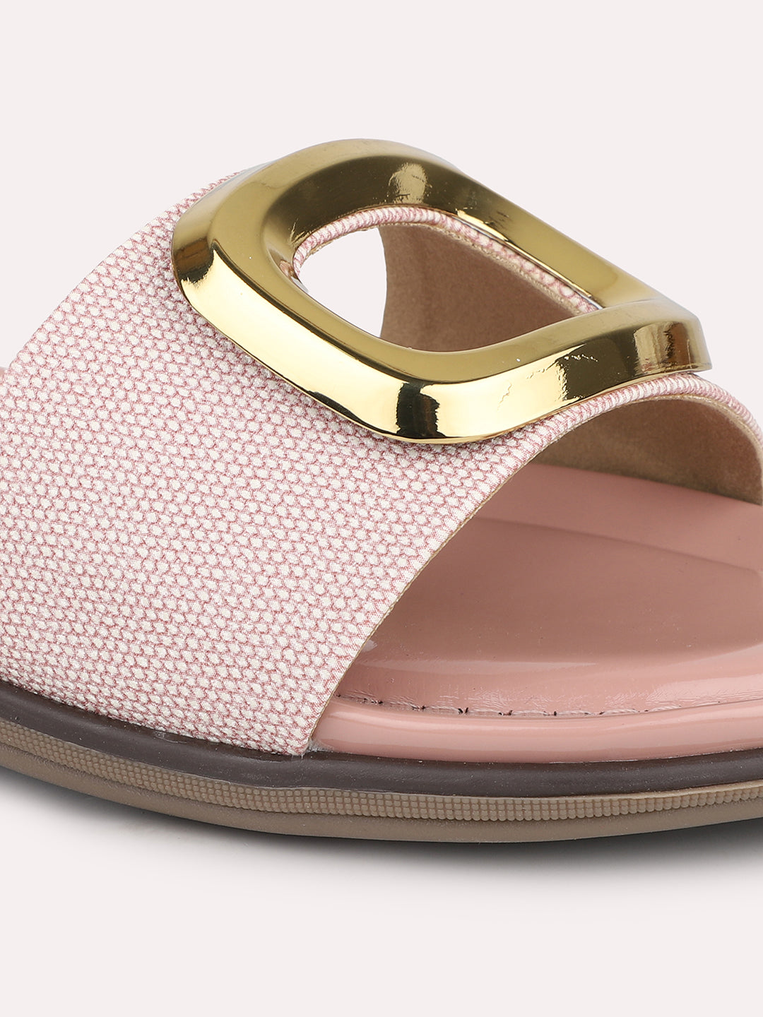 Women Peach Perforated Open Toe Flats with Buckle Detail