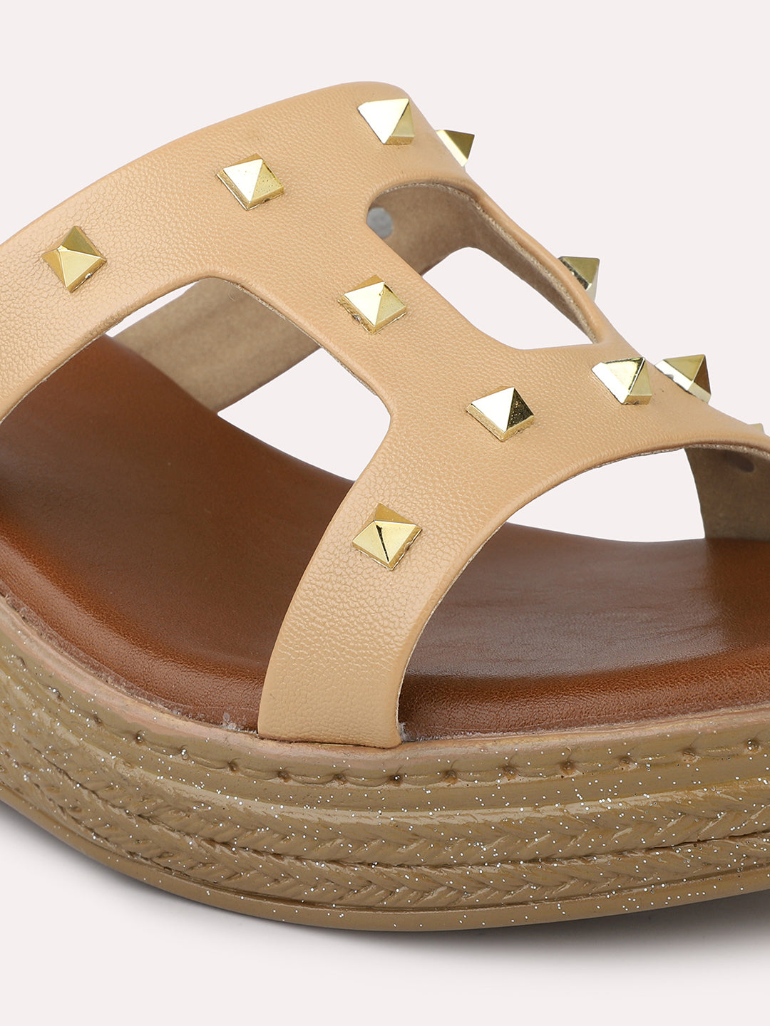 Women Beige Embellished Open Toe Wedges