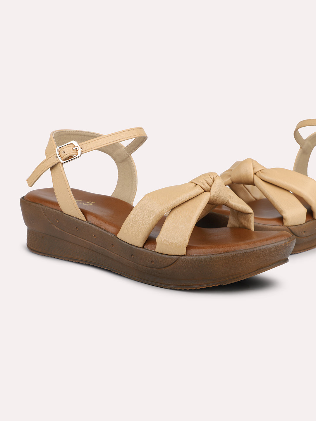 Women Beige Textured Open Toe Wedge Heels