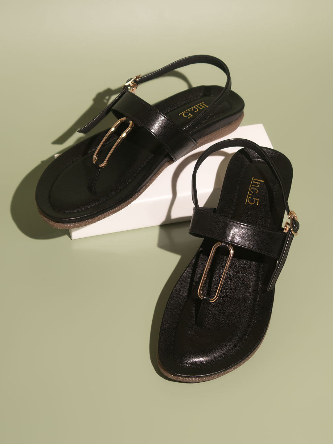 Women Black Embellished T-Strap Flats with Buckles