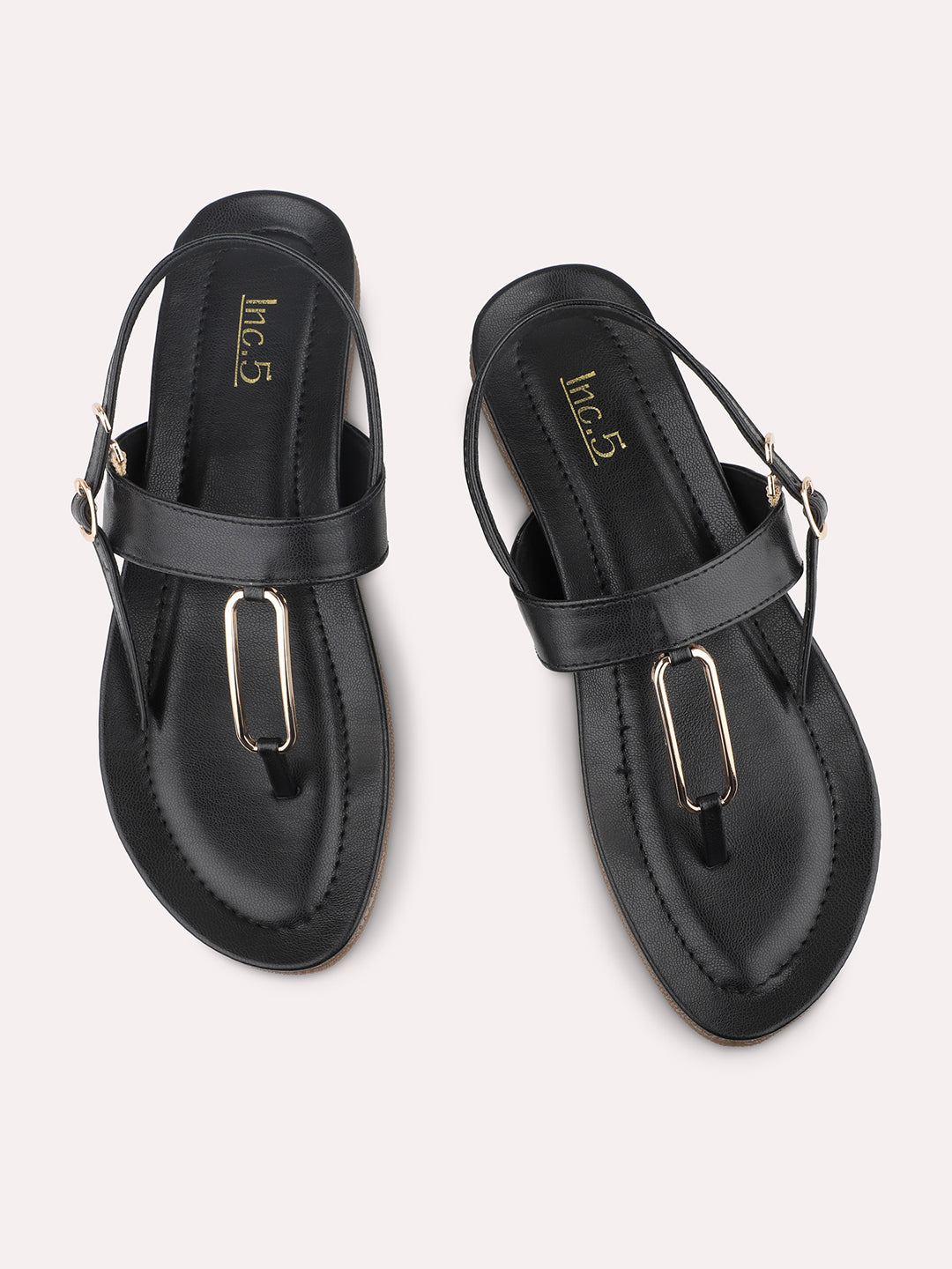 Women Black Embellished T-Strap Flats with Buckles
