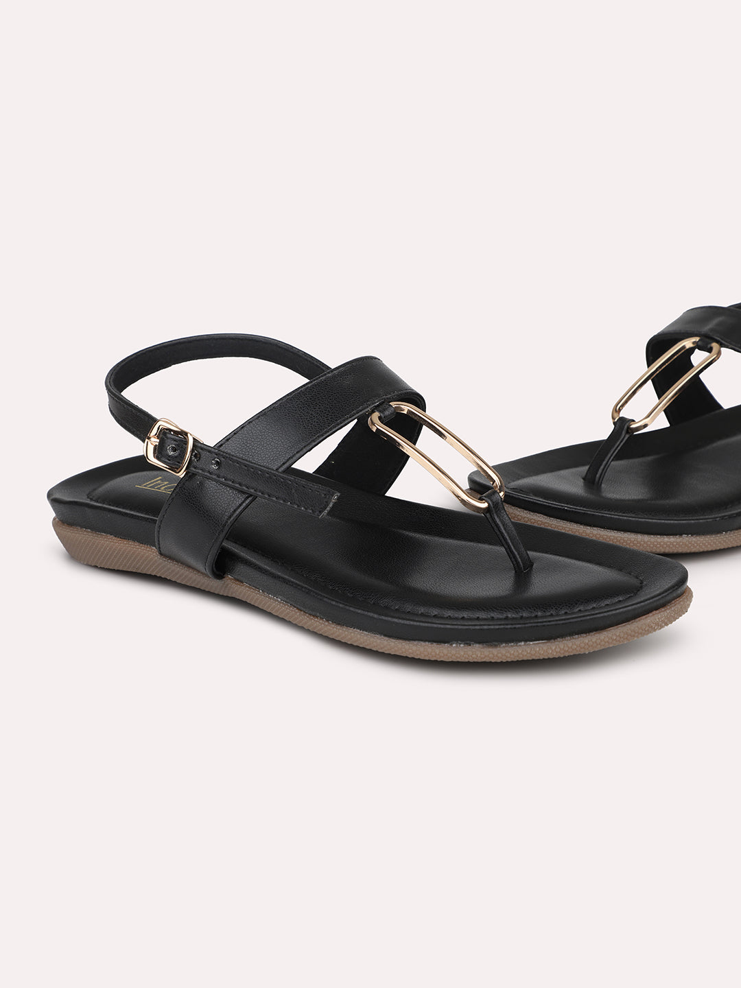 Women Black Embellished T-Strap Flats with Buckles