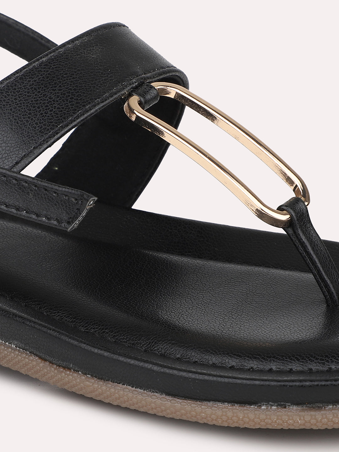 Women Black Embellished T-Strap Flats with Buckles