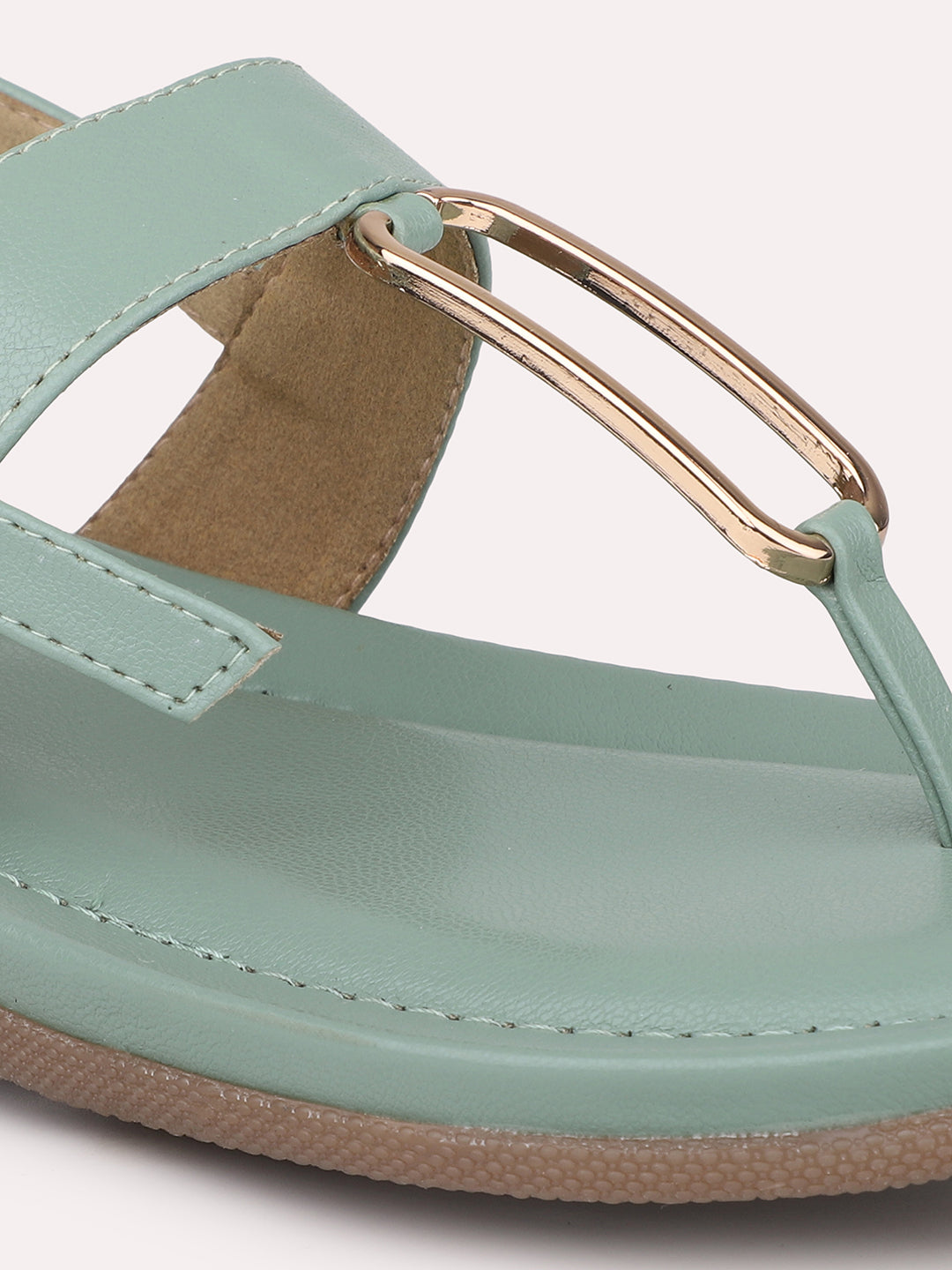 Women Green Embellished T-Strap Flats with Buckles
