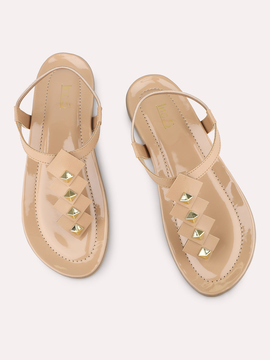 Women Beige And Gold-Toned Embellished T-Strap Flats