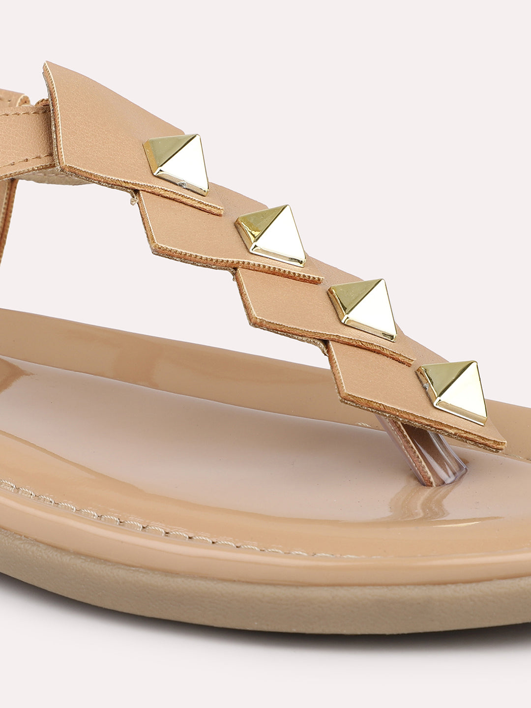 Women Beige And Gold-Toned Embellished T-Strap Flats