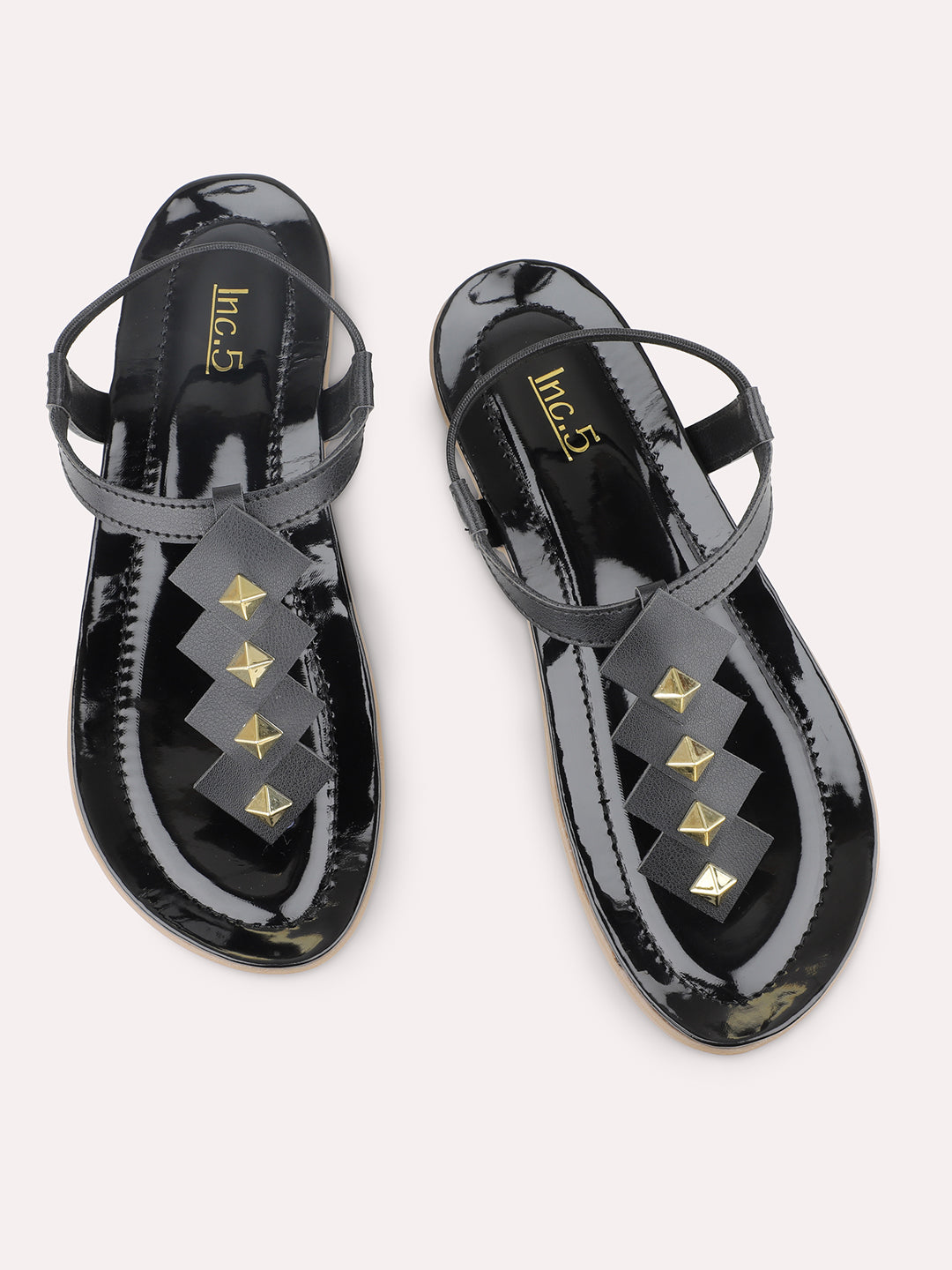 Women Black And Gold-Toned Embellished T-Strap Flats