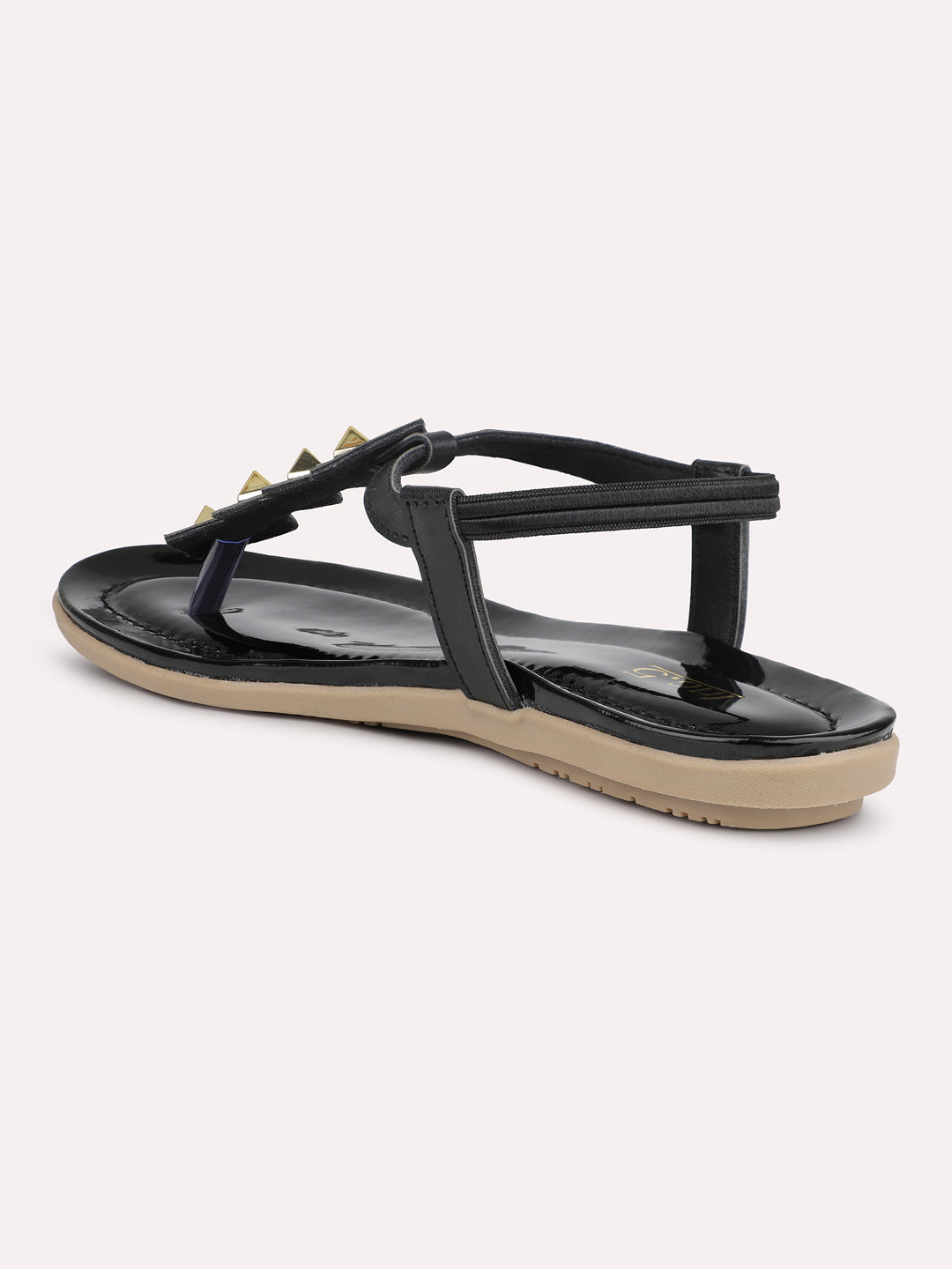 Women Black And Gold-Toned Embellished T-Strap Flats