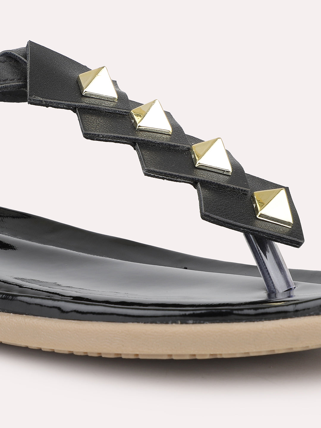 Women Black And Gold-Toned Embellished T-Strap Flats