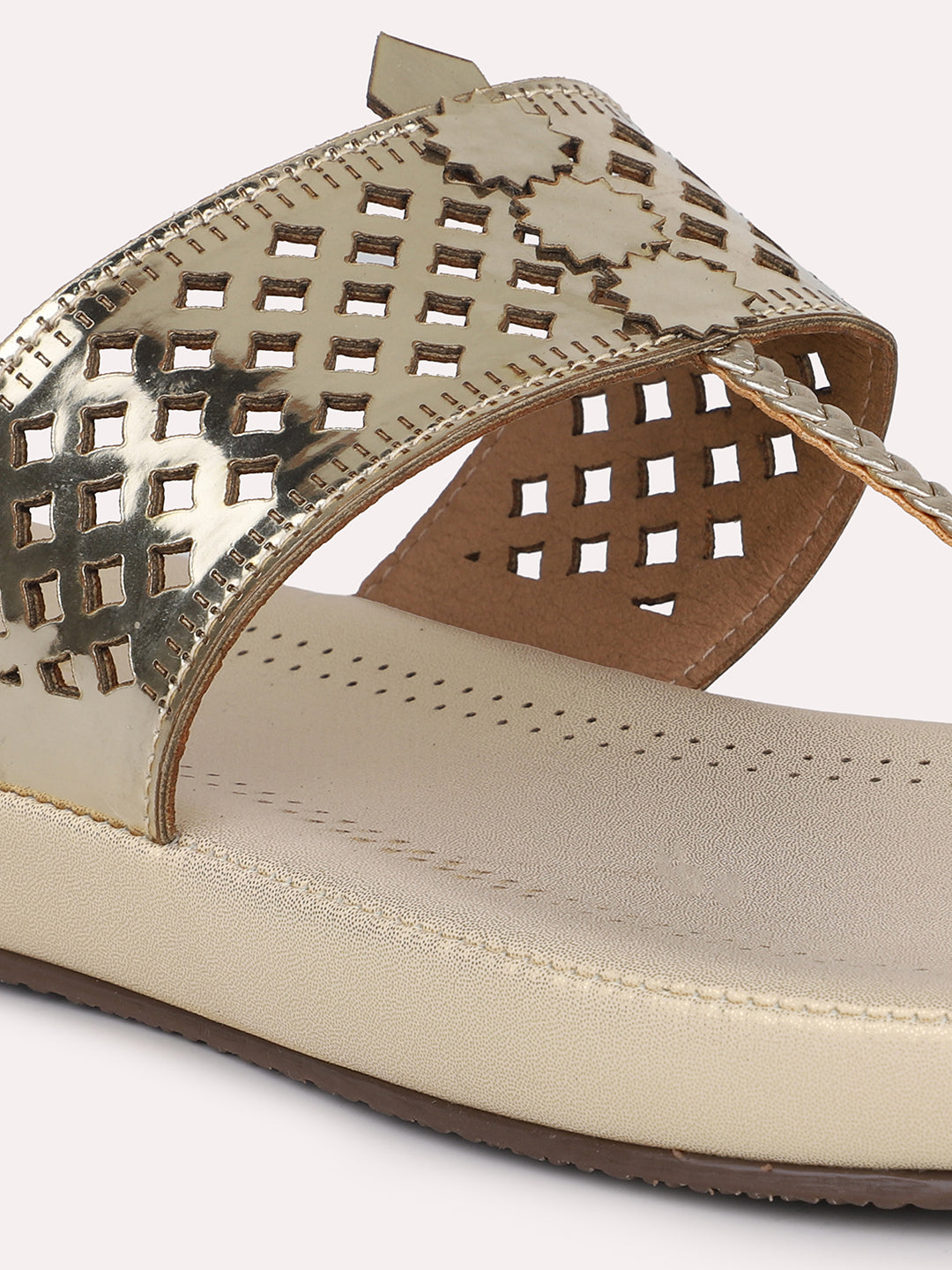 Women Gold Embellished One Toe Flats with Laser Cuts