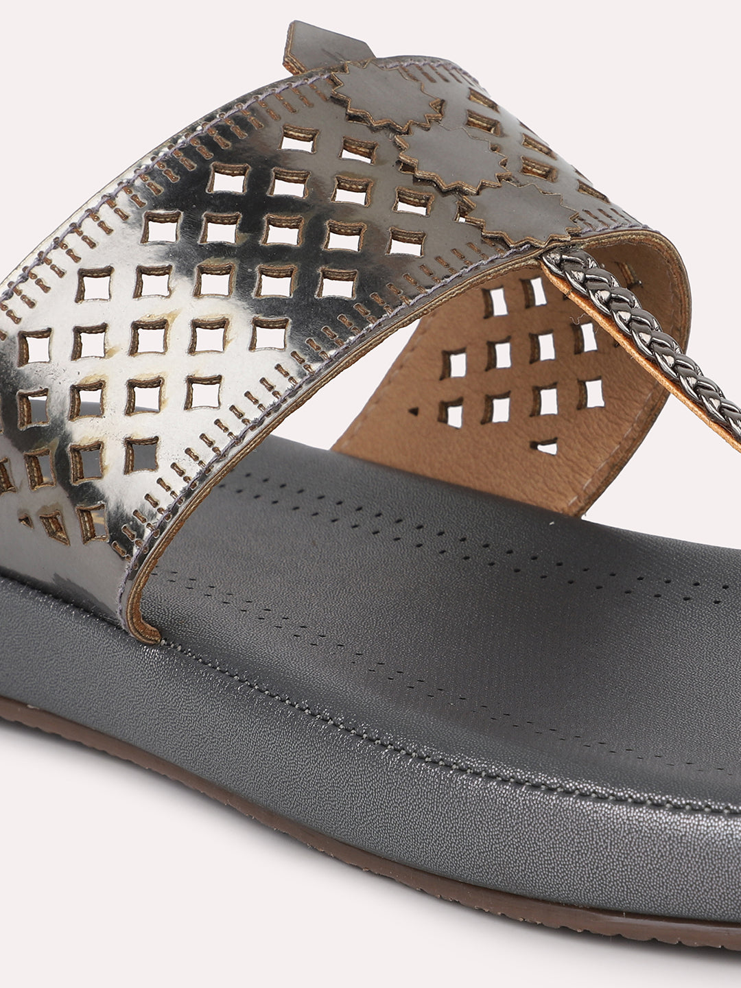 Women Pewter Embellished One Toe Flats with Laser Cuts