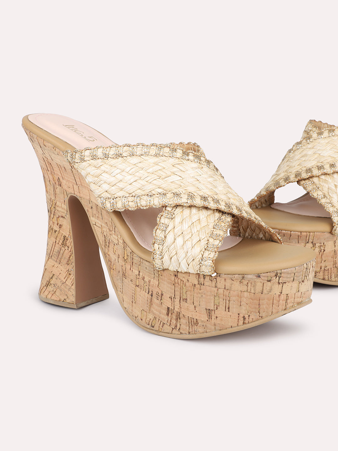 Women Beige Woven Design Platform Heels