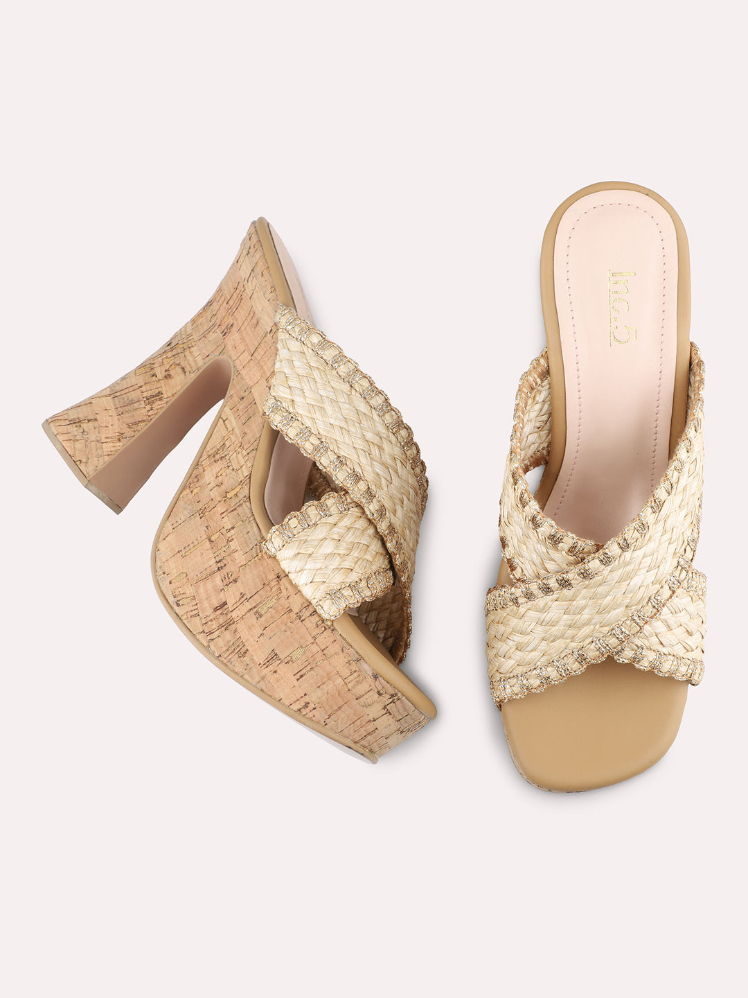 Women Beige Woven Design Platform Heels