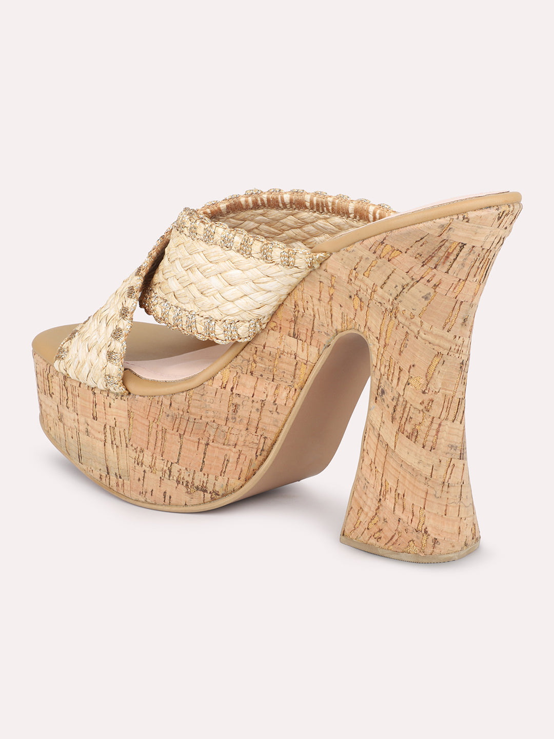 Women Beige Woven Design Platform Heels