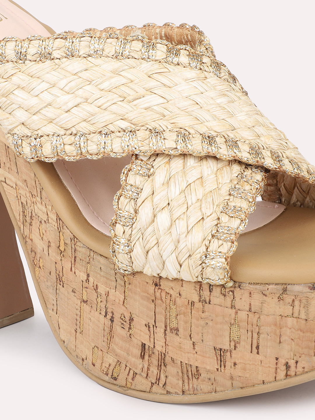 Women Beige Woven Design Platform Heels