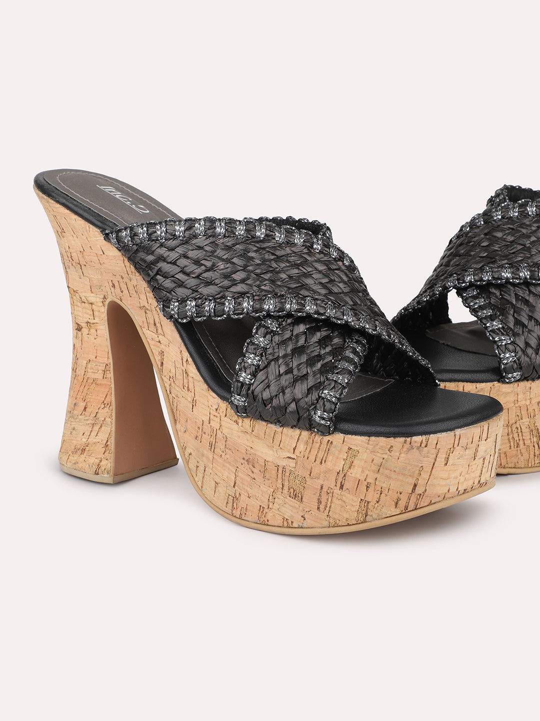 Women Black Woven Design Platform Heels