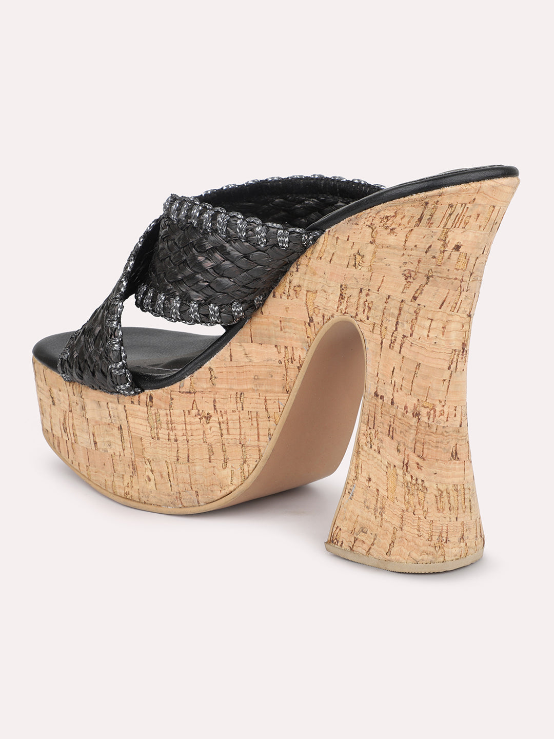 Women Black Woven Design Platform Heels