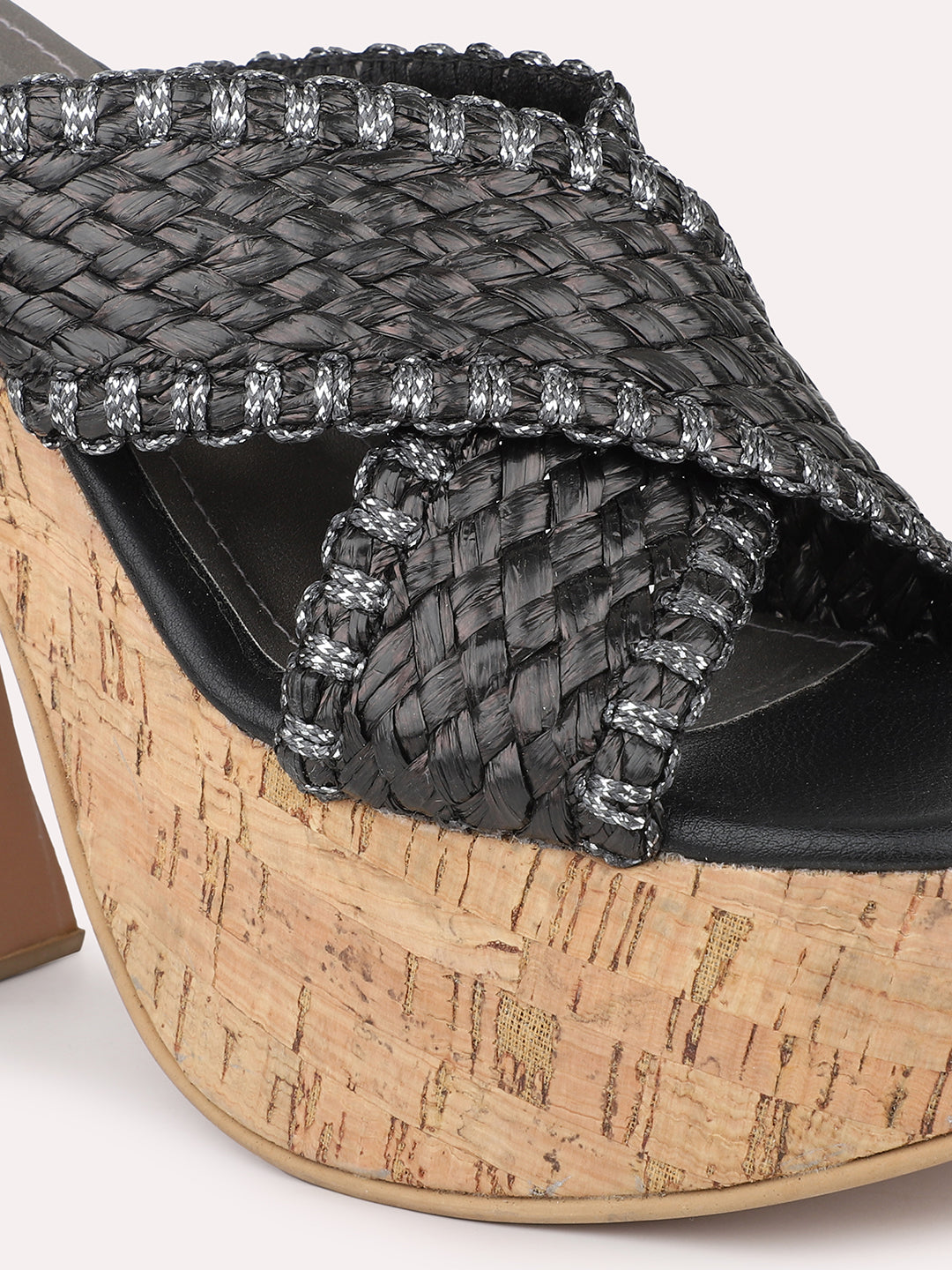 Women Black Woven Design Platform Heels