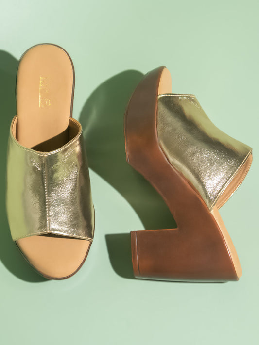 Women Gold Embellished Peep Toe Platform Heels