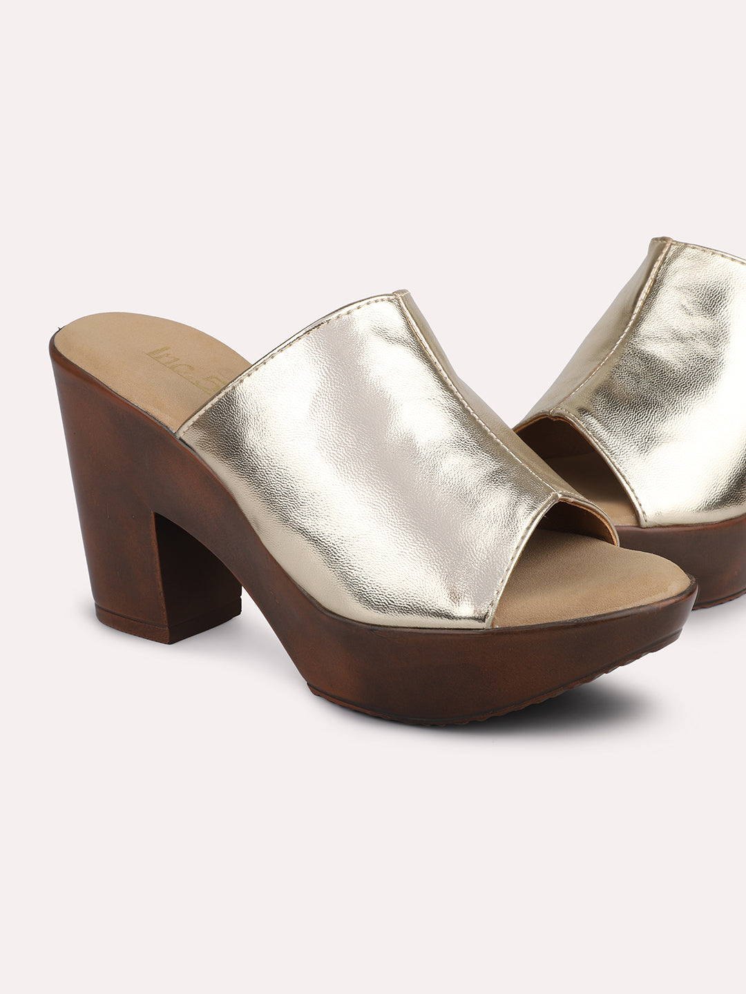 Women Gold Embellished Peep Toe Platform Heels