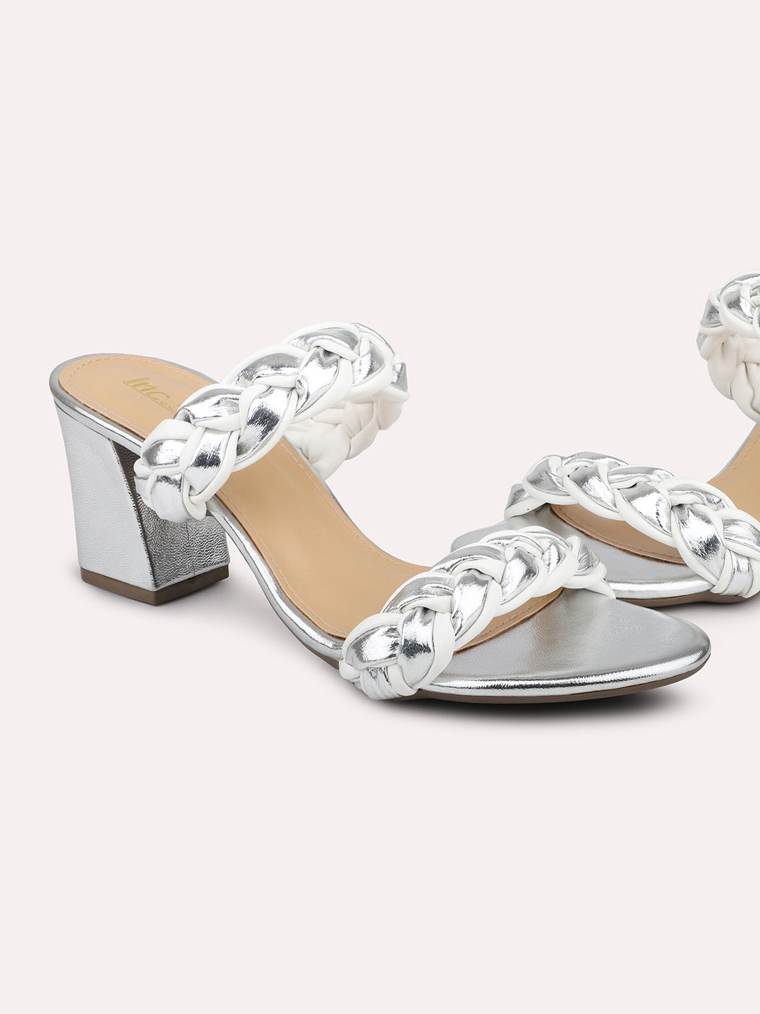 Women Silver & White-Toned Textured Block Heels