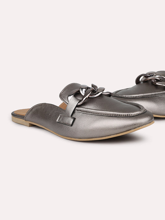 Women Pewter Mules Flats With Buckles