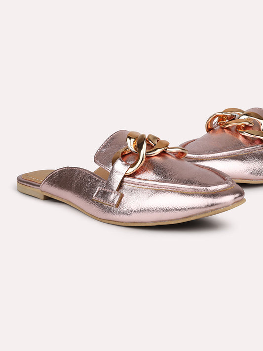 Women Rose Gold Mules Flats With Buckles