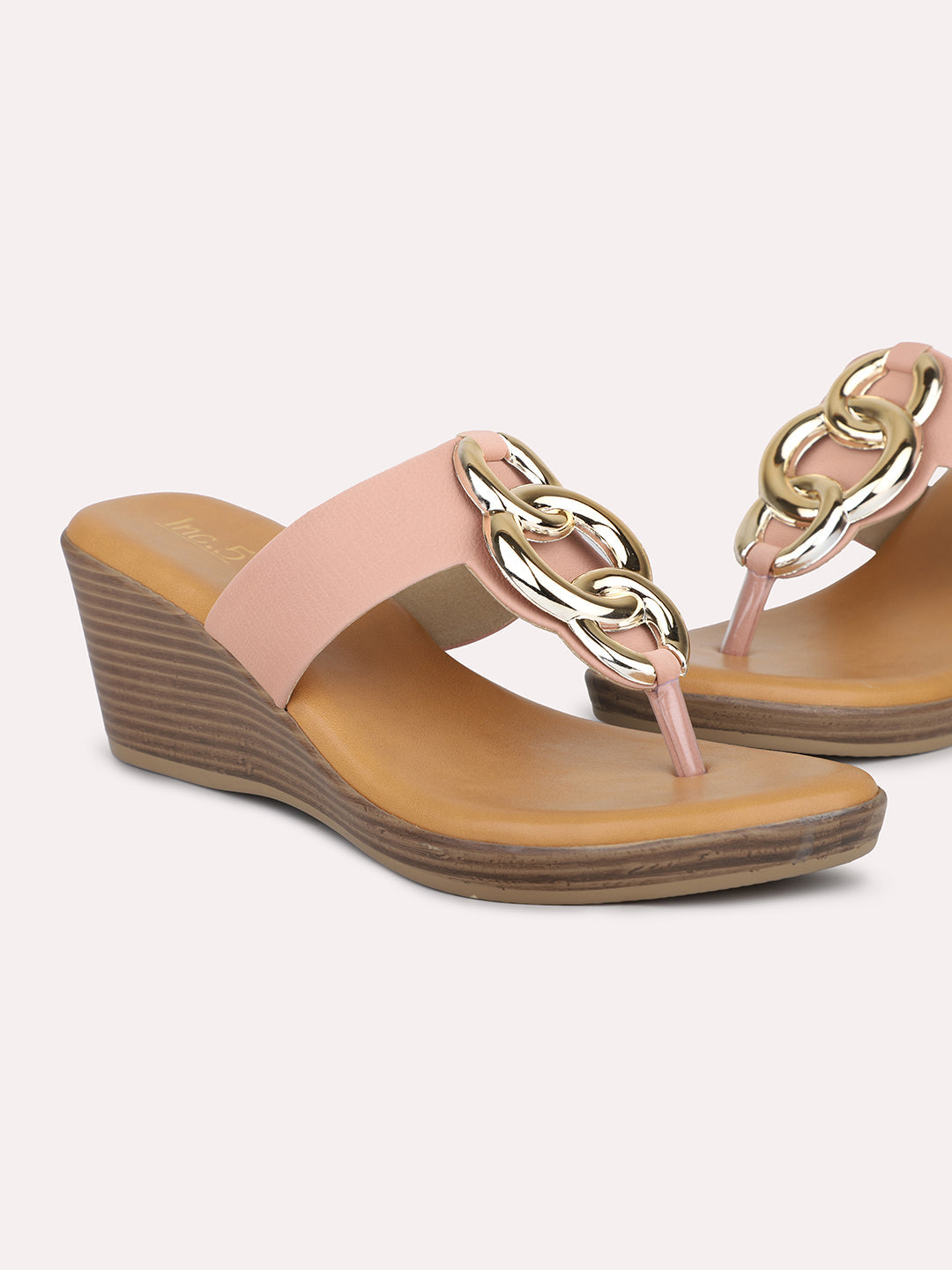 Women Peach Open Toe Wedges With Buckles Detail