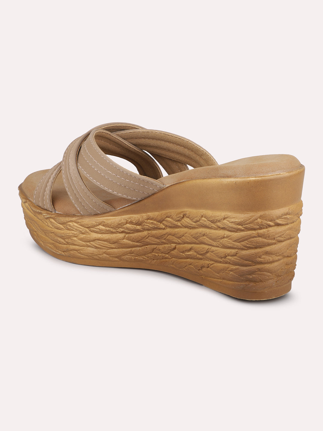 Women Chikoo Textured Cross-Strap Wedge Heels