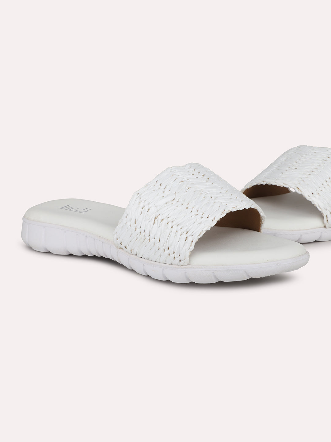 Women White Textured Open Toe Flats