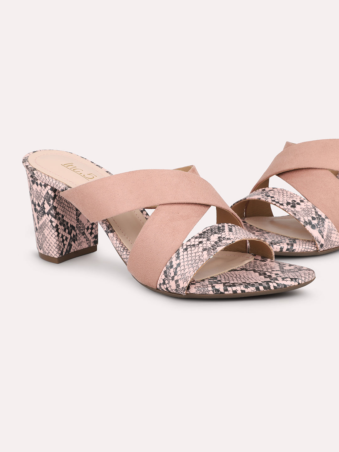 Women Peach & Black Snake Skin Printed Block Heels