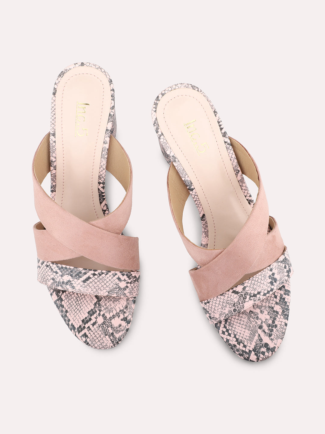 Women Peach & Black Snake Skin Printed Block Heels