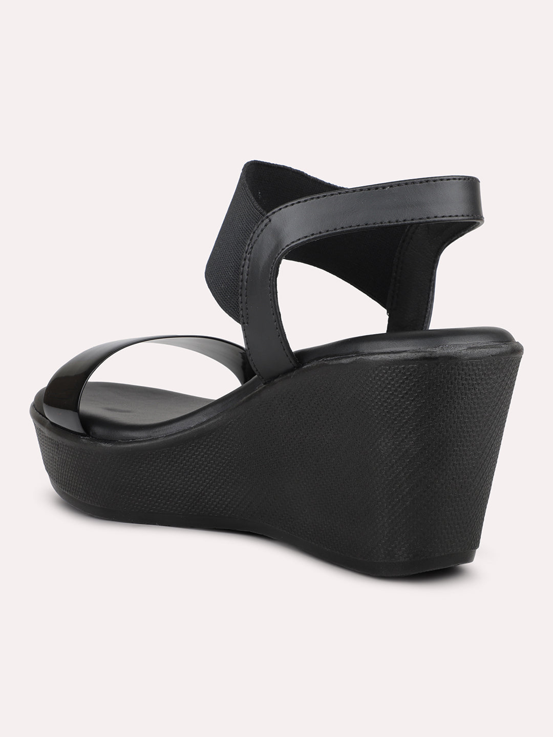 Women Black Solid Open Toe Wedge Heels