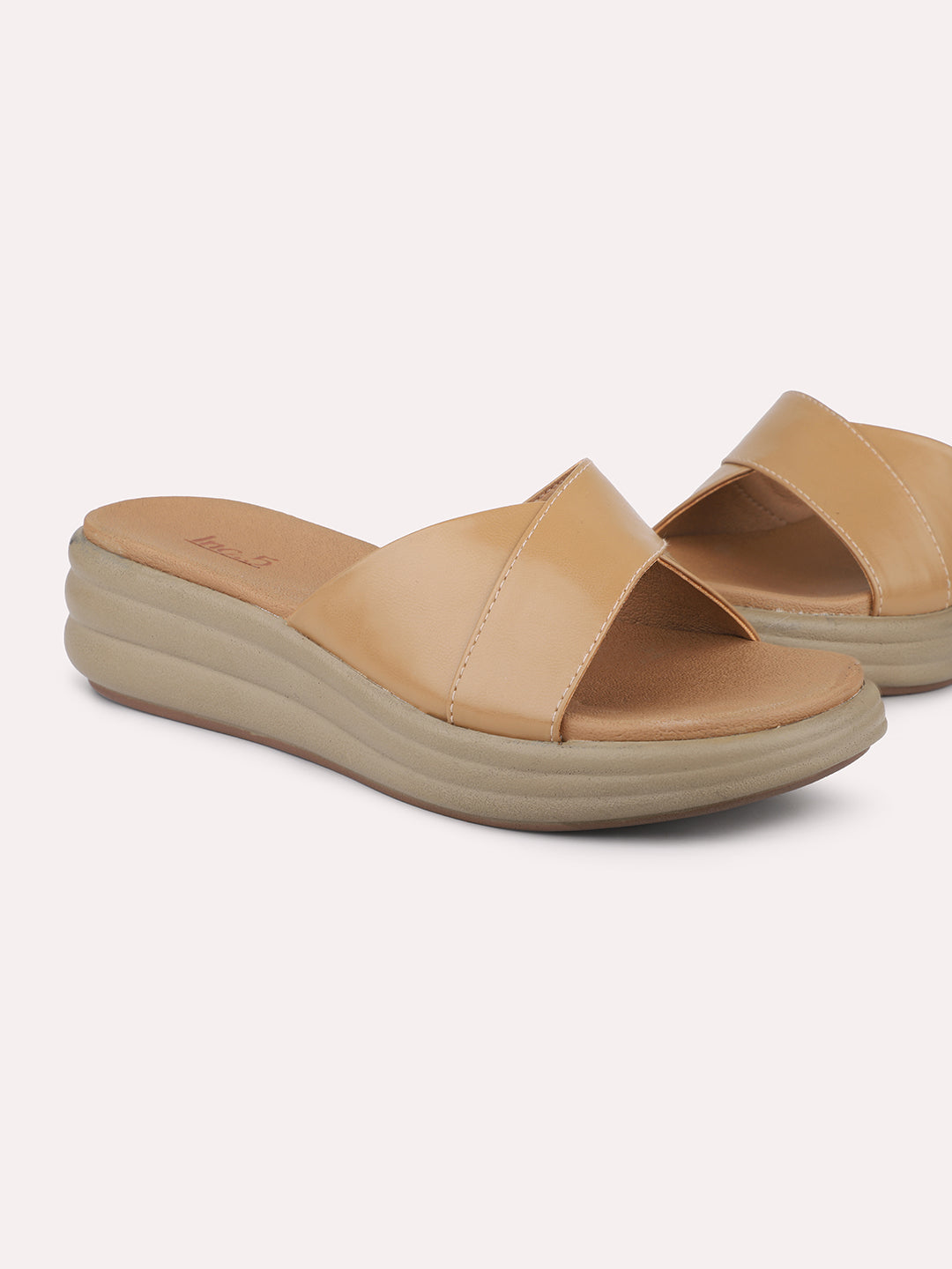 Women Beige Solid Open Toe Comfort Sandals